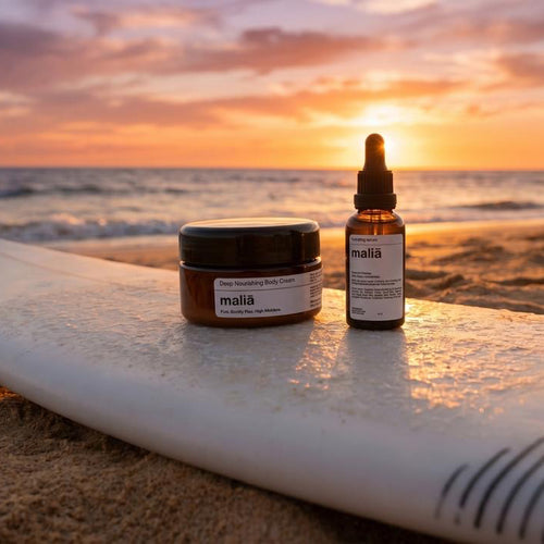 Pack découverte baume corps et sérum visage sur la plage 